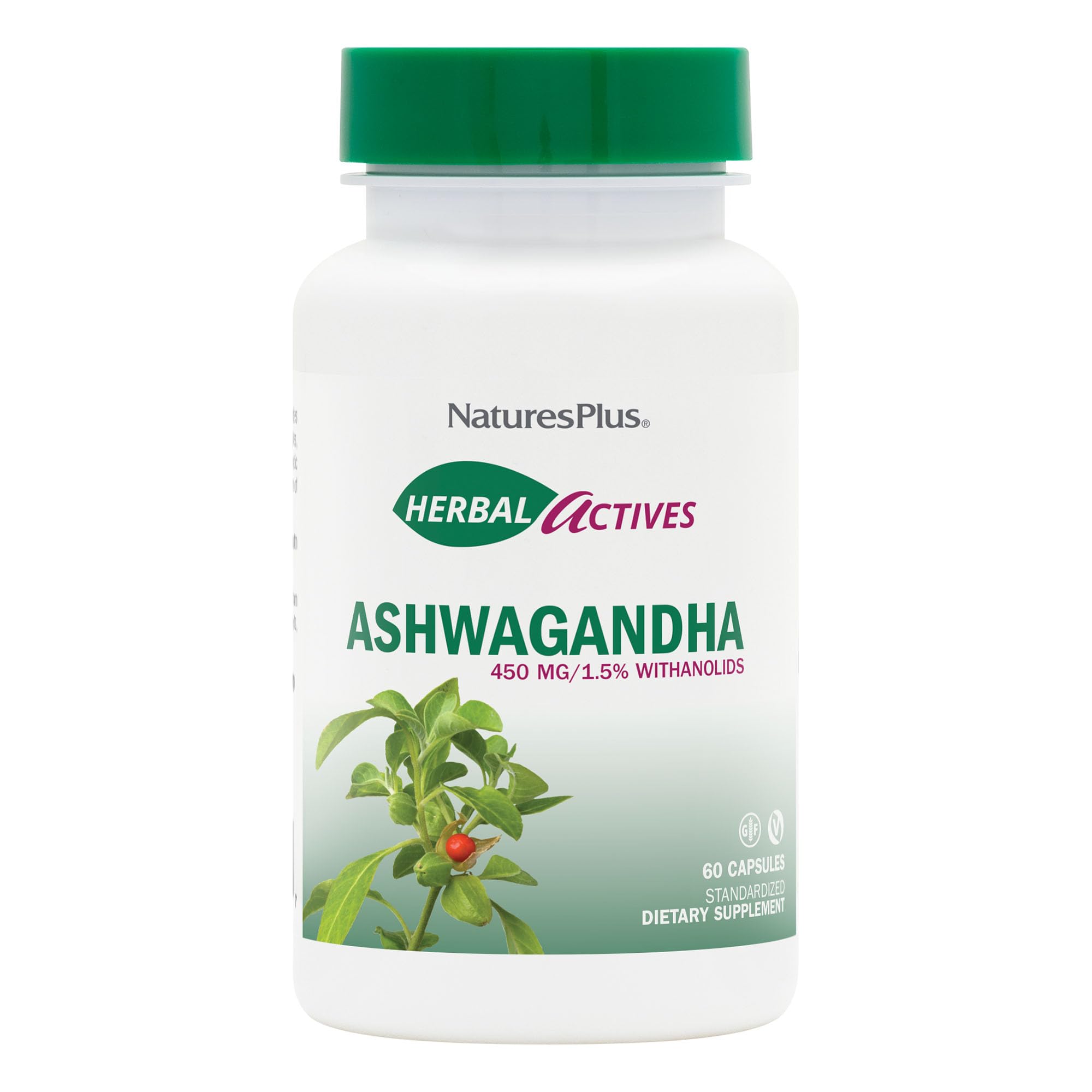 NaturesPlusHerbal Actives Ashwagandha 450 mg - 60 Vegetarian Capsules - Prescription Quality - Gluten Free - 60 Servings