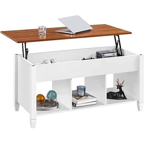 Yaheetech Coffee Table, 41in Lift Top Coffee Table, Wooden Dining Center Table with Hidden Compartment & Open Storage Shelf for Living Room Reception, White/Oak