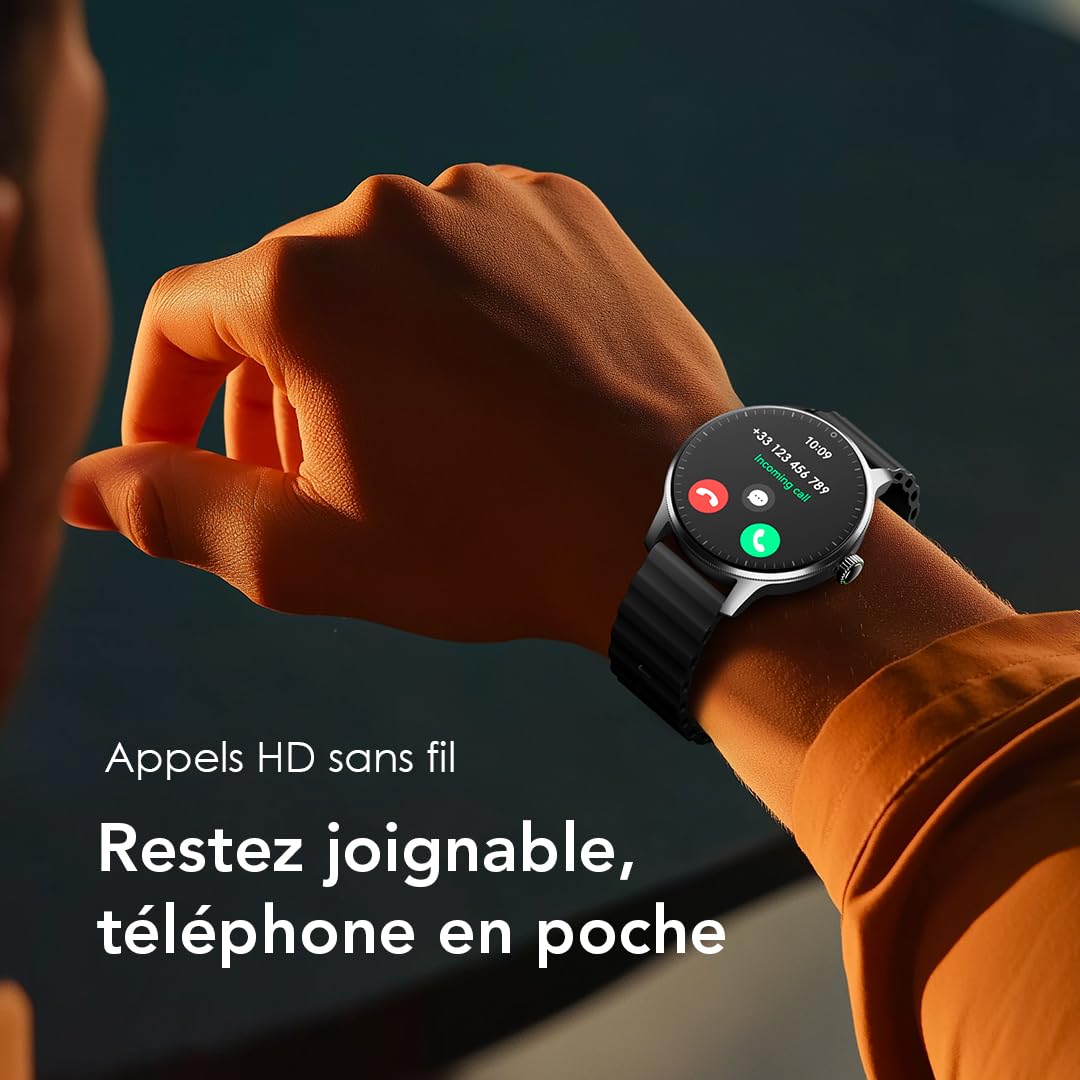 oraimo Montre Connectée Écran AMOLED 1,43 Pouce Appels Bluetooth 5.3 Batterie 11 Jours Suivi Rythme Cardiaque SpO2 Étanche IP68 Mode Sport Homme Femme Notification Android 6.0 iOS 11 Noir