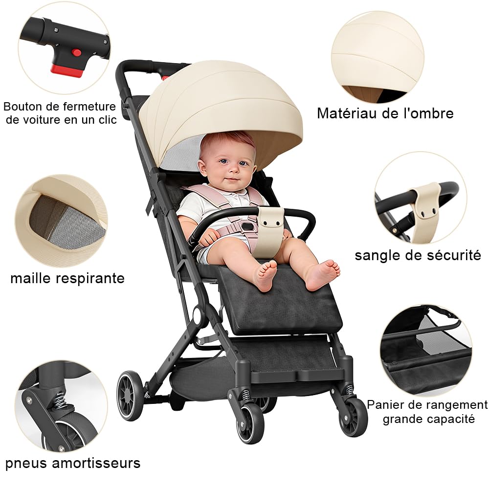 OHMG - Cochecitos de la ciudad, 0-4 años, 0-22 kg, cochecito de bebé ligero y compacto, 3 posiciones de inclinación, posición alargada, plegable automática, correa para el hombro (Kaki-63x30x101cm)