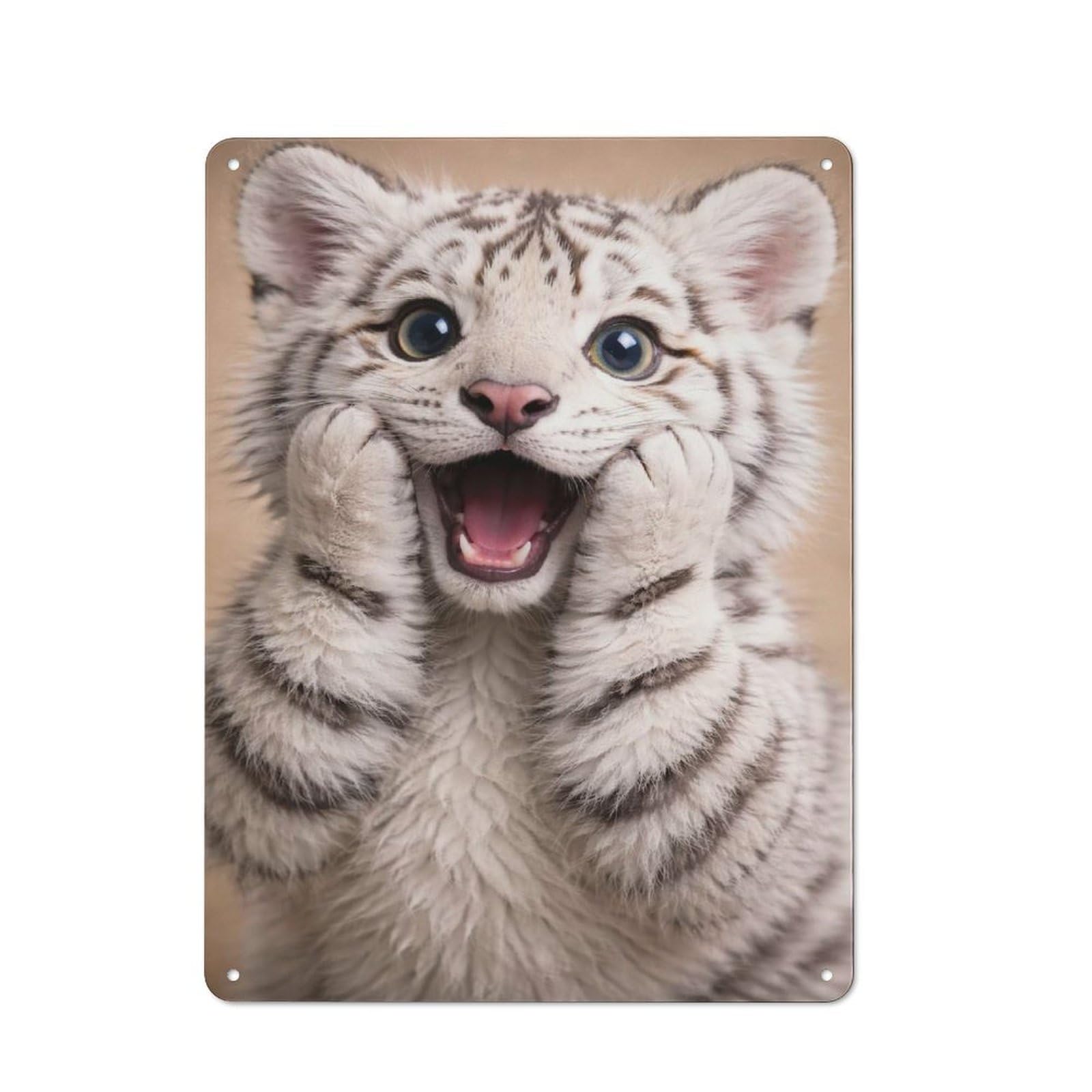 Junmoney Style-17 Tin Wall Plaque 40X30cm With Adorable White Tiger Cub Portrait For Living Room Or Hallway, For Vintage Wall Decor Fans, For Themed Room Decoration