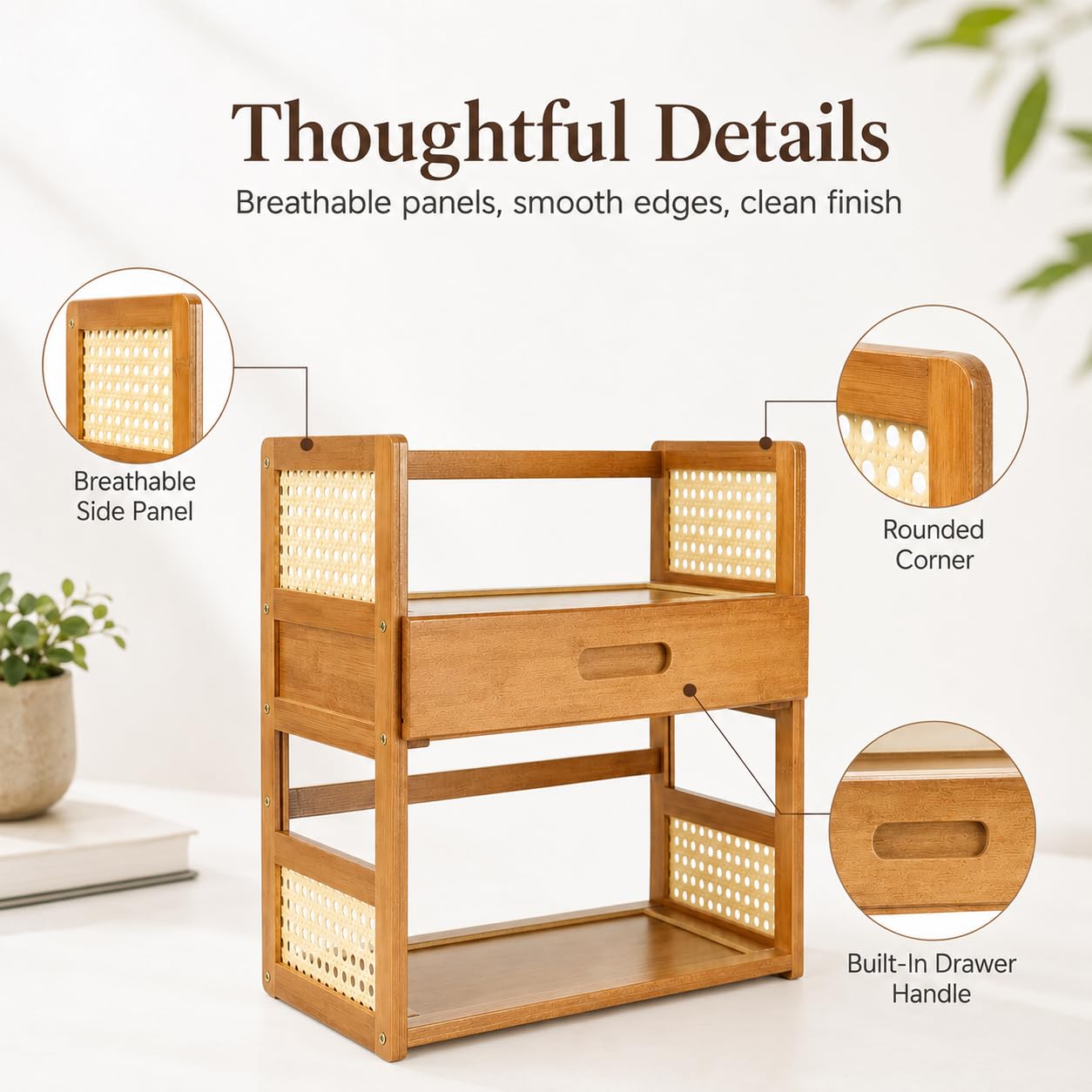 Scaffale da scrivania con cassetto, organizer da tavolo a 2 livelli con cornice in bambù e finto rattan, piccola libreria da ufficio, per caffè Matcha, tazze, libri, soggiorno e ufficio