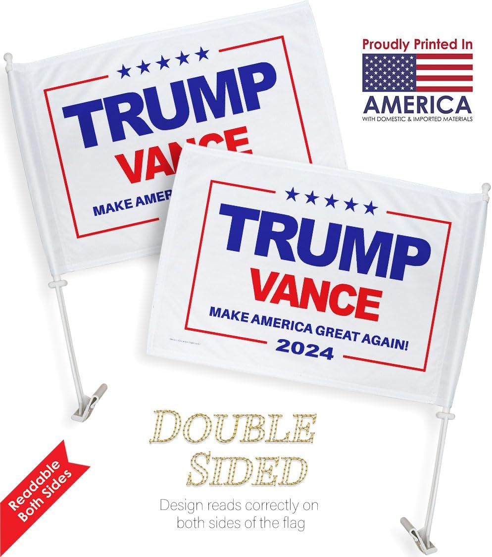 Trump Vance 2024 Flag for Car Accessories Bandera para Carros Window Clip Pole Mount Kit Rally Shooting 2024 Poster Auto Decor MAGA Sign Outdoor Decorations Republican Gift Made in USA