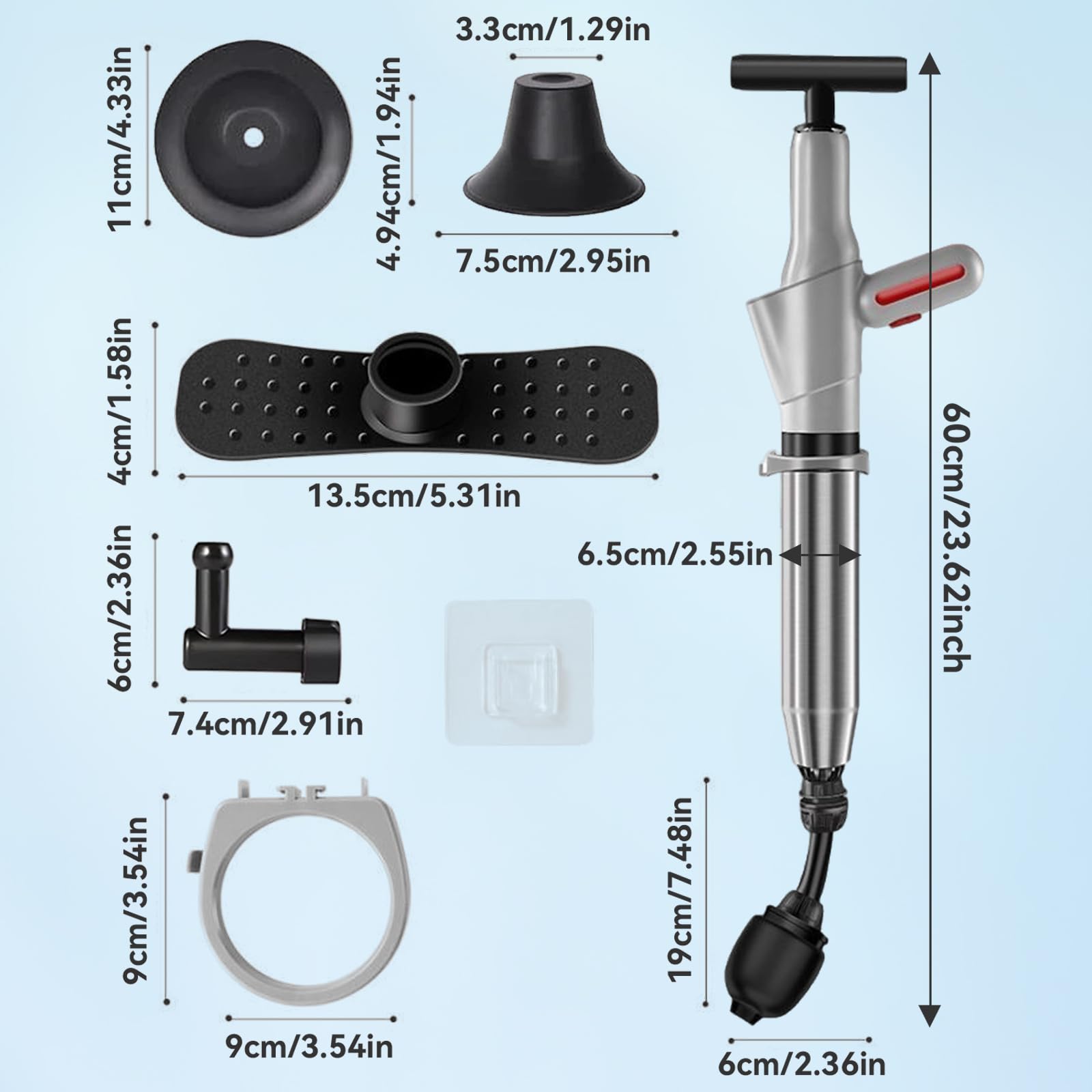 ZhouWei Deboucheur WC Piston à Pompe Haute, Deboucheur Toilette Canalisation avec Baromètre et Têtes Remplaçables Kit de Débouchage Haute Pression, pour l'évier Déboucher Cuisine Salle Bain