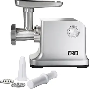Weston Electric Meat Grinder & Sausage Stuffer, #12 750 Watt, 1 HP Motor, Grinds 4 lbs Per Minute, Includes Stainless Steel Grinding Plates, Die-Cast Aluminum (33-1301-W)