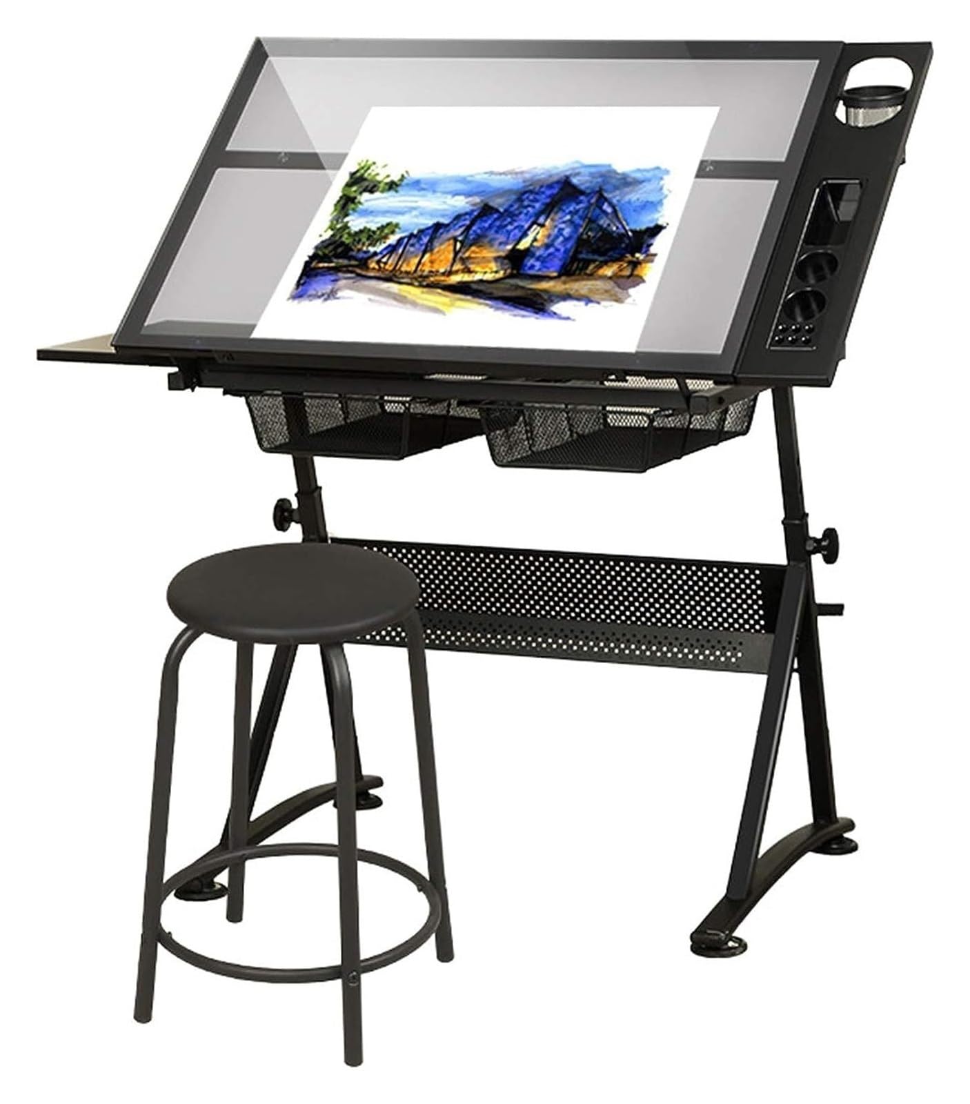 Tavolo da disegno regolabile in altezza con 2 cassetti portaoggetti, scrivania inclinabile per disegno e schizzi, ideale per artisti e designer