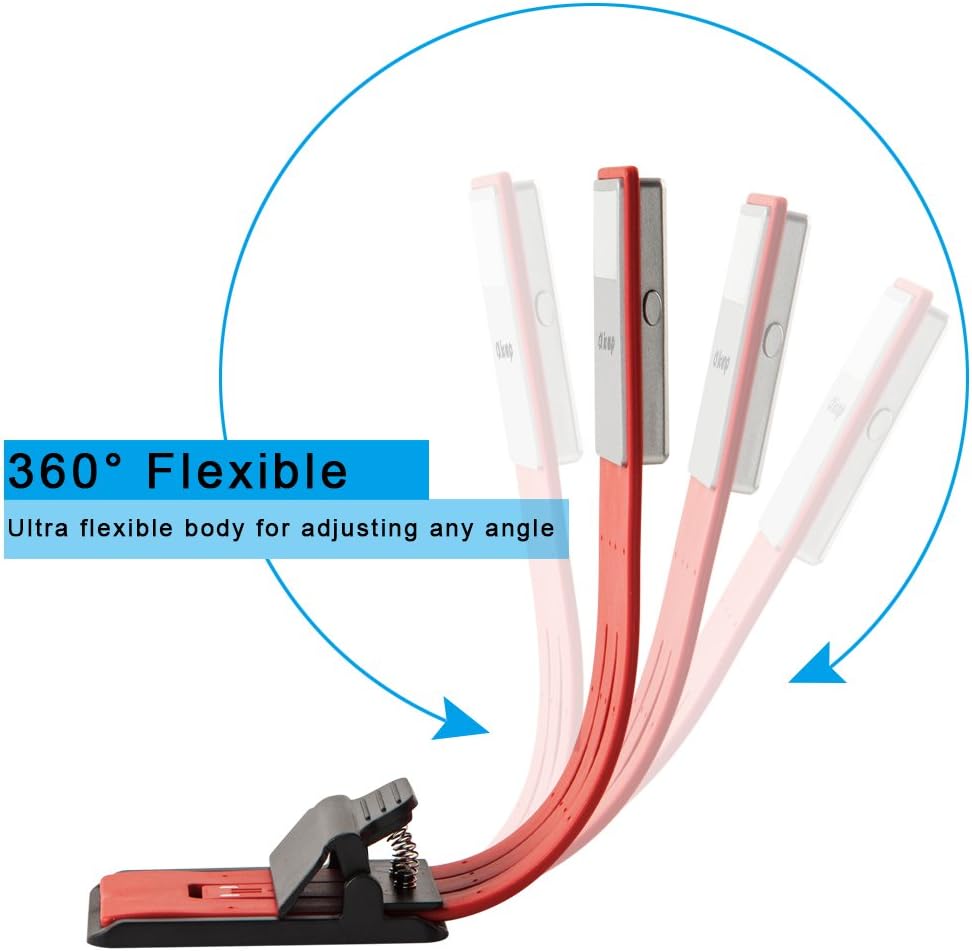 Oliomp Book Light, LED Reading Lamp for Books and Kindle, USB Rechargeable Tough Switch 4 Levels Adjustable Brightness Flexible Light Multifunctional as Bookmark Desk&Bed Lamp with iPad (Red)