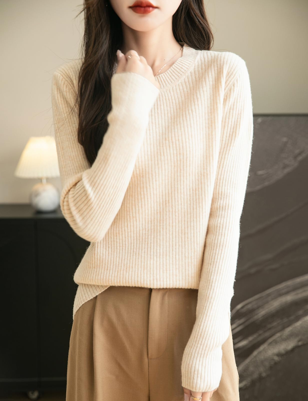 Chanyarn Damen 100% Merinowolle Pullover 2024 Herbst Winter Rundhalsausschnitt Lange Ärmel warm RIPP Strick Pullover