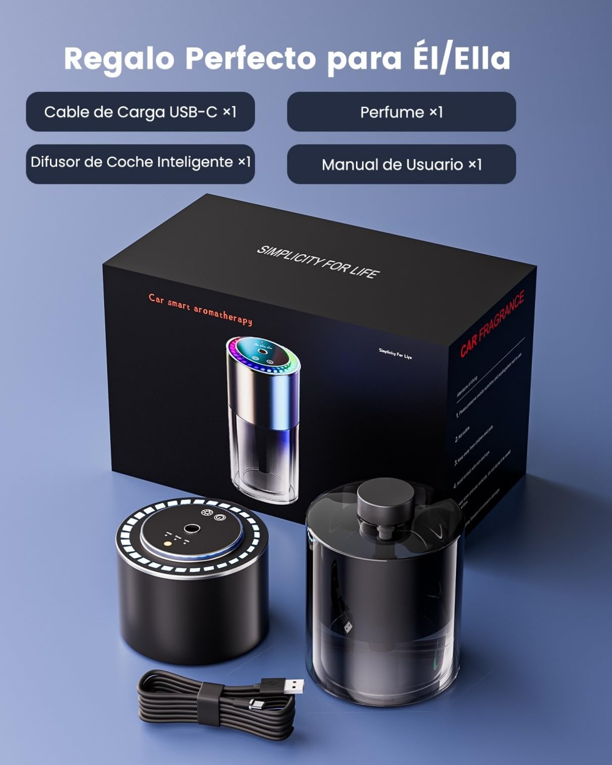 160ml Sensor Musical Ambientador Coche con 160ml Perfume (Colonia), Difusor de Fragancias Eléctrico para Automóvil, On/Off Automático, Atomizador Ultrasónico, 3 Modos, Recargable, Duración 12 Meses