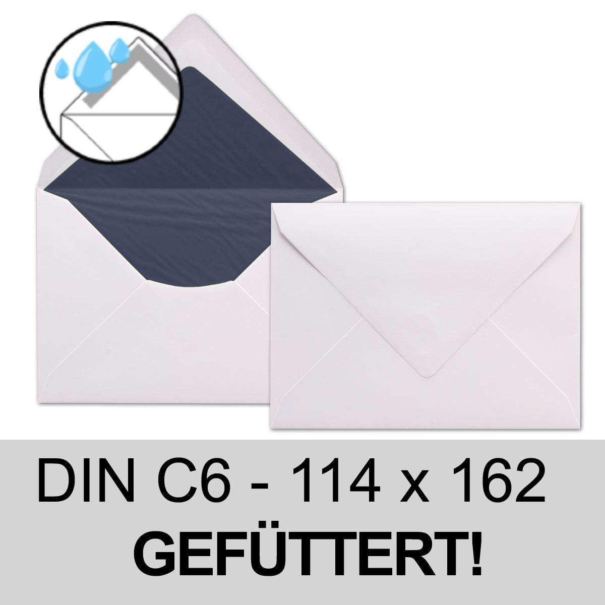 1000 buste bianche DIN C6 foderate con carta velina blu scuro, 100 g/m², 11,4 x 16,2 cm, con chiusura a umido senza finestra
