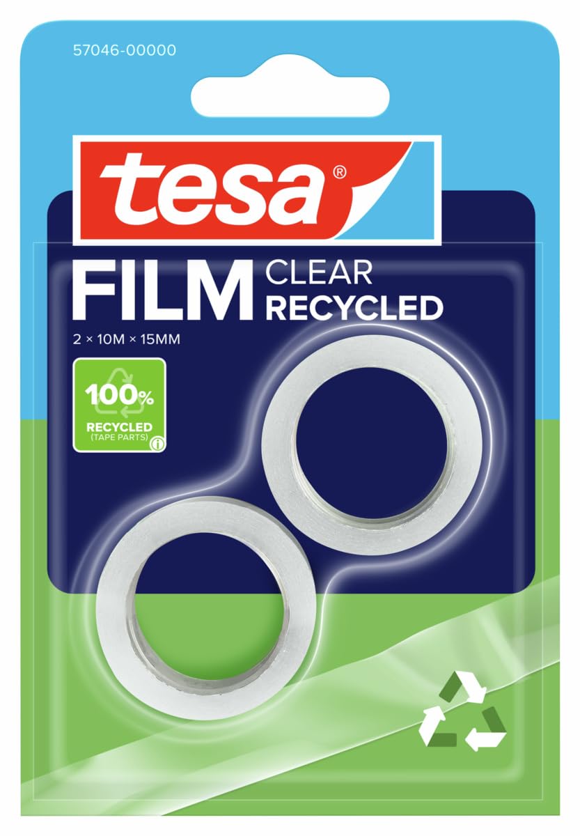 tesafilm CLEAR RECYCLED - transparent adhesive tape - 100% recycled plastic - tear-resistant - adhesive-strong, solvent-free and age-resistant - 2 rolls of 10 m x 15 mm each