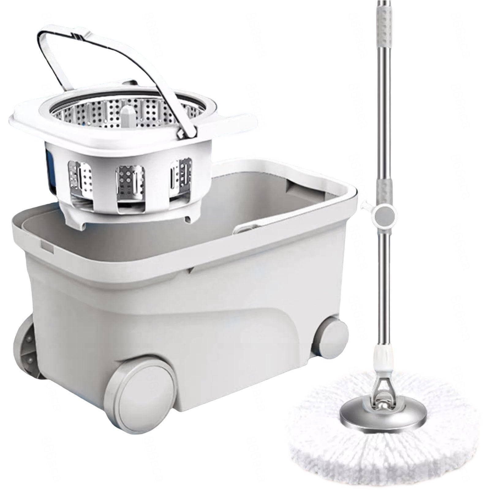 Cubo para fregona giratoria con juego de escurridor, fregona para suelo con 4 ruedas de fácil movimiento, mango ajustable de acero inoxidable, 5 recambios de cabezal de repuesto de microfibra, 1