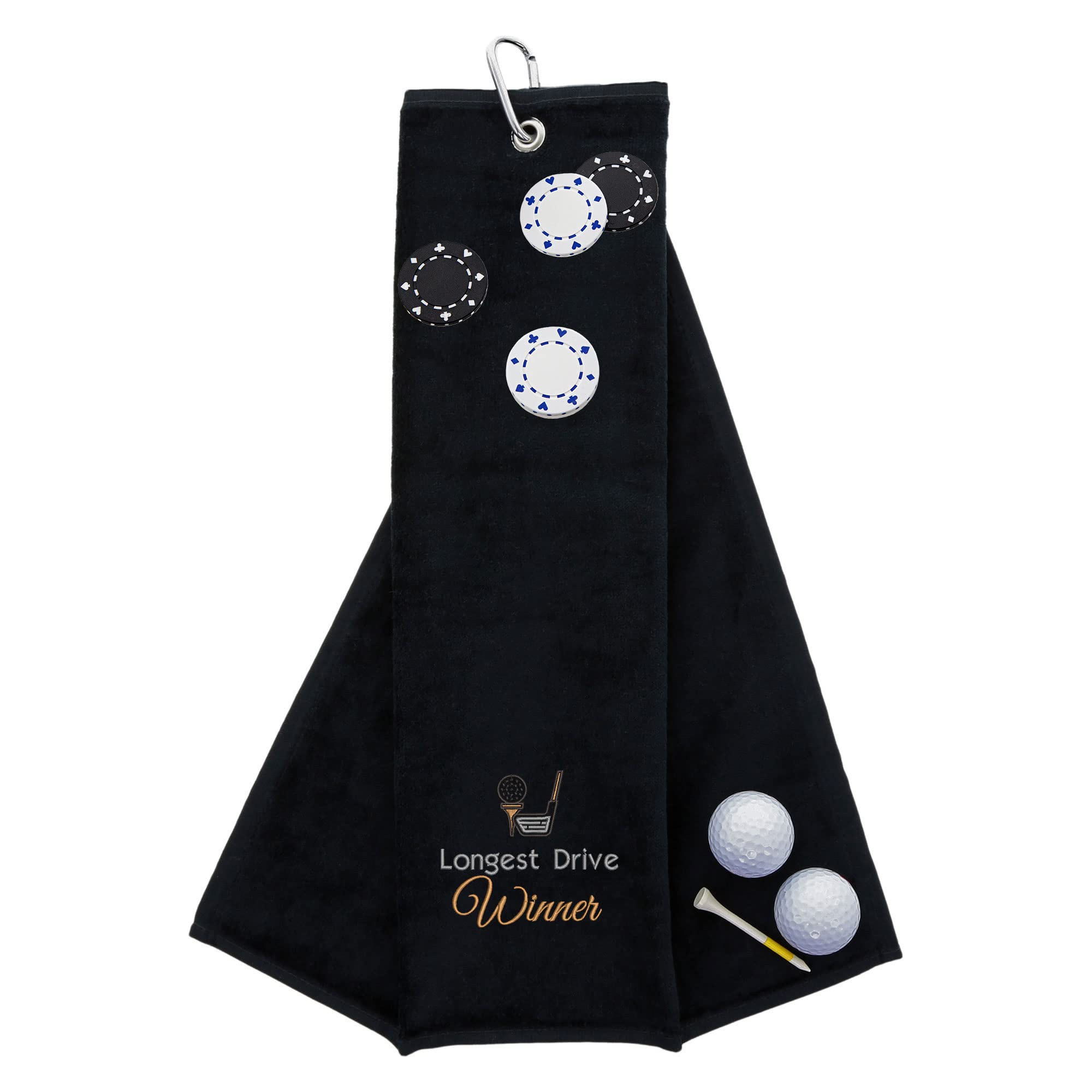 Aztex Men's Black Funny Trifold Golf Towel And Poker Chip Marker Set Gift For Carabiner Clip For Golf Bags, Longest Drive,