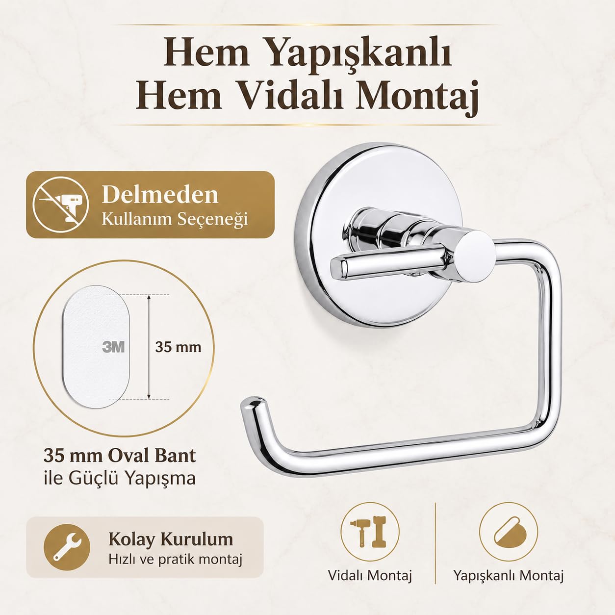 Alper Banyo Tuvalet Kağıtlığı 304 Paslanmaz Çelik, 5 Yıl Garantili, Yapışkanlı ve Vidalı Montajlı, Krom Banyo Wc Kağıt Havluluk