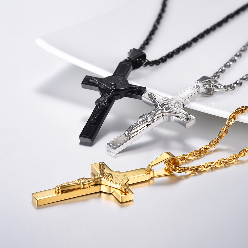 PROSTEEL Collana Pendente Crocifissa Cindolo Croce Gesù Catena Regolabile 55 60 cm in Acciaio Inossidabile Placcato Oro Nero