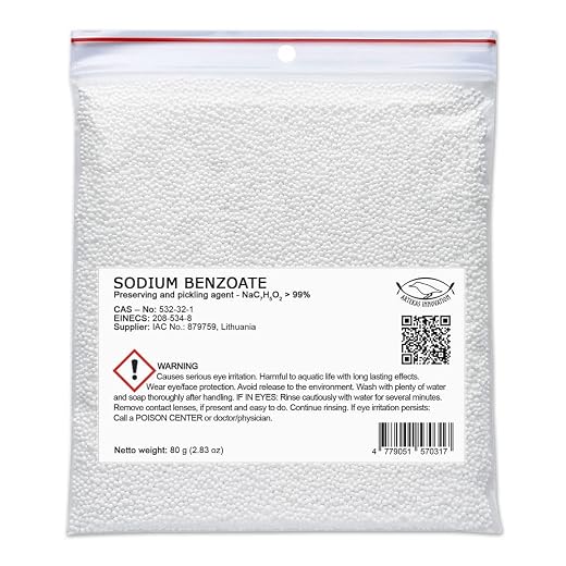 Benzoato de Sodio en Gránulos - 80 g - Conservante, Aditivo - Para uso Interno y Externo - Cosméticos y Cuidado Personal, Alimentos y Bebidas, Conservante y Decapado, Medicamentos