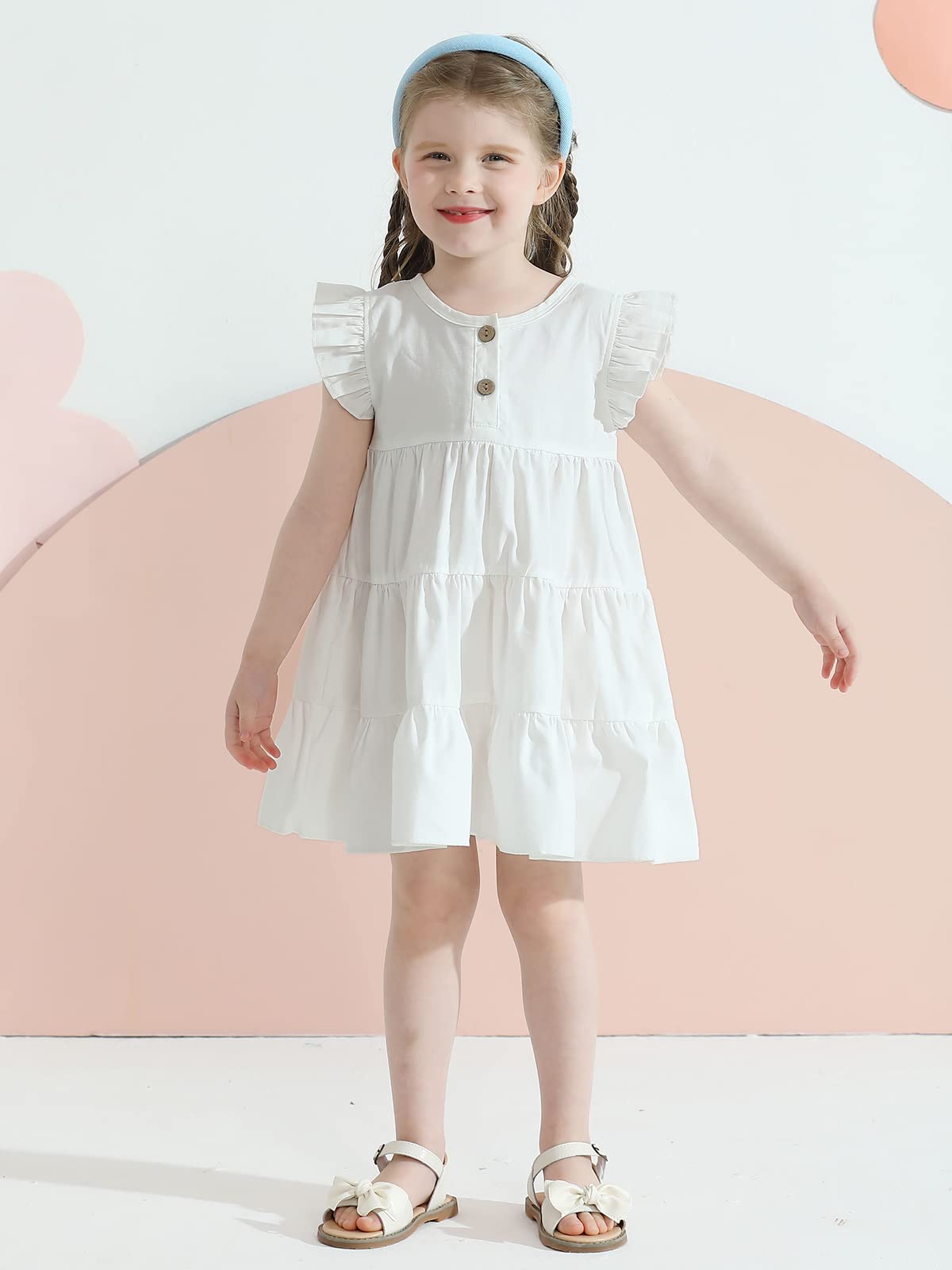 Toddler Baby Girl Cotton Linen Dress Ruffle Sleeve Vintage Button Casual Party Dresses (White,2-3T)