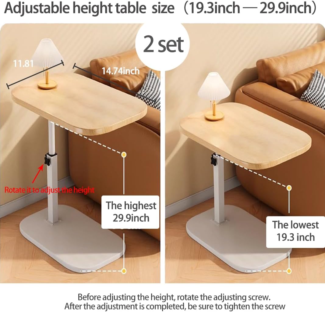 2 Set Pedestal Adjustable c Table for Small Spaces，C Shaped End Table Desktop can Turn 360° and the Height of the Sofa Small TV Tray Table Can be Adjusted for Couch
