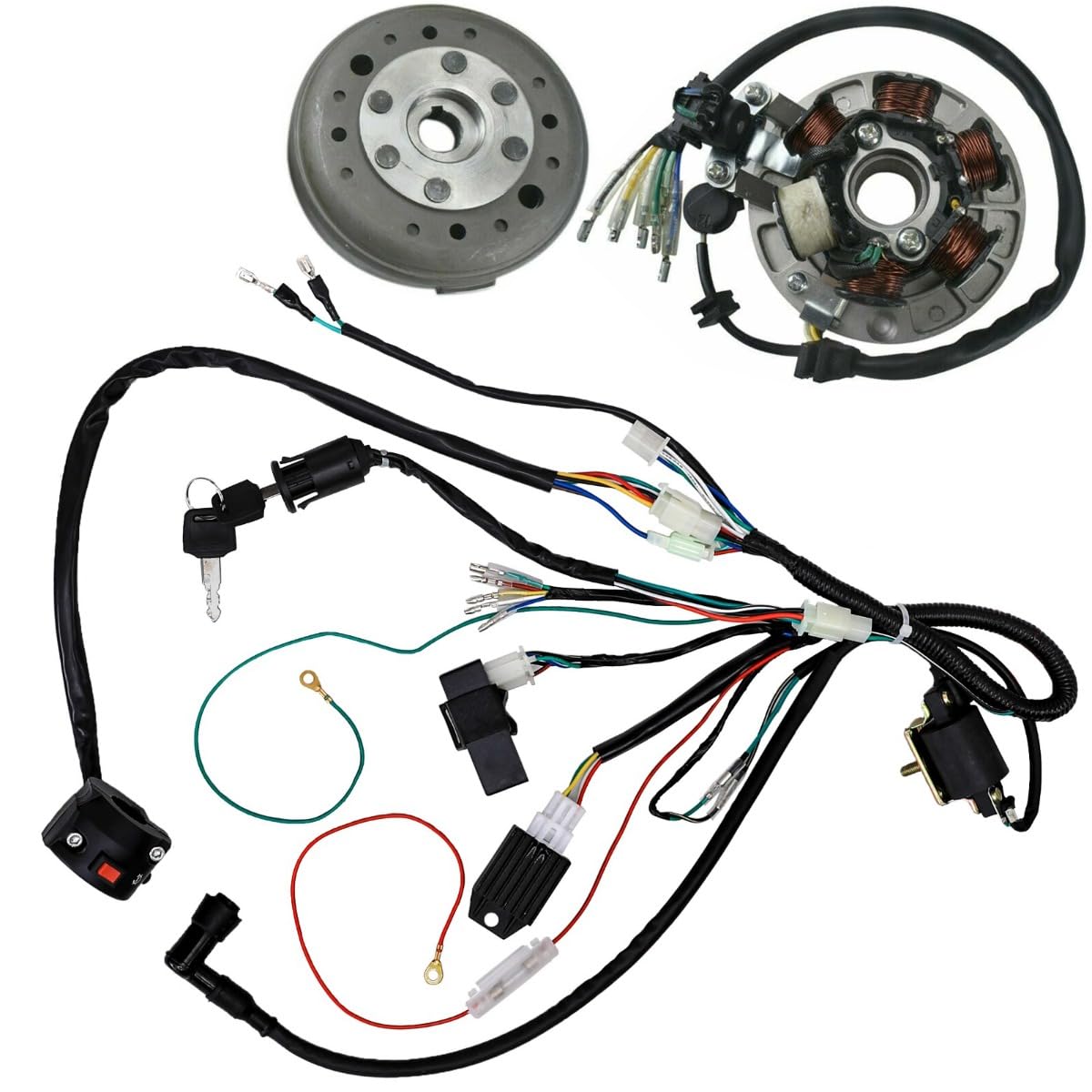Complete Kick Start Engine Wiring Harness Loom with Light Wires & Magneto Stator Flywheel for Lifan 125cc 140cc 150cc Engines Pit Dirt Bike Trail Lifan YX Apollo Coolster SSR Taotao CRF70