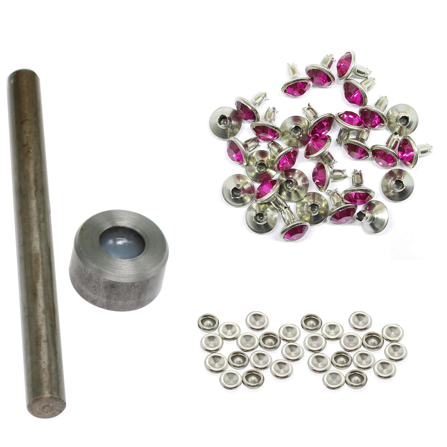 Trimming Shop 8mm Hot Pink Acrylic Rhinestone Diamante Rivet Studs with Setting Hand Tools For Fashion Accessory, Leather Crafts, Belts, Bags, Shoe, Dog Straps, 50pcs
