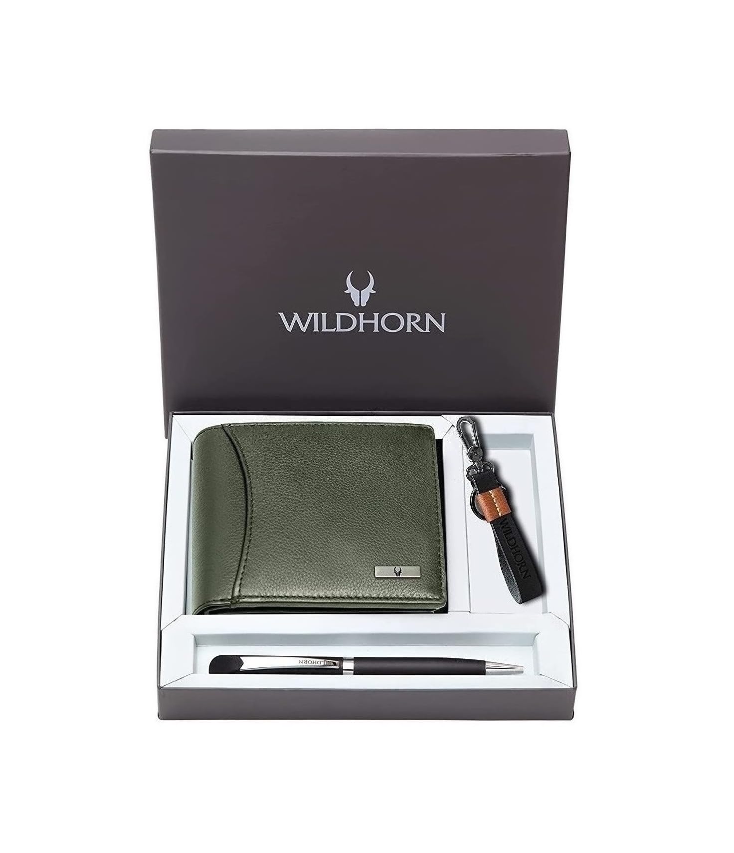WildHorn Gift Hamper for Men I Leather Wallet, Keychain & Pen Combo Gift Set I Gift for Friend, Boyfriend,Husband,Father, Son etc (Green M)