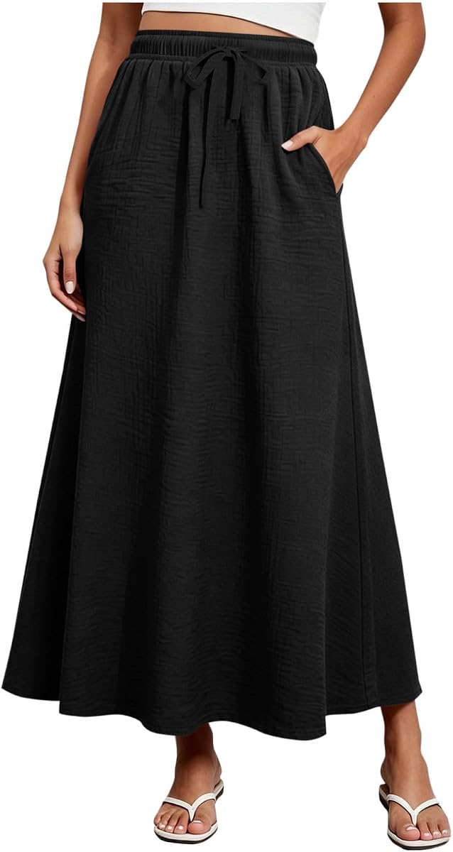 Women's A-line Maxi Skirt Cotton Linen High Wasit Skirts | Flowy Lightweight Maxi Skirt with Pockets, Elegant Teacher Office Travel Skirts, Solid Fashion Summer Fall Outfits