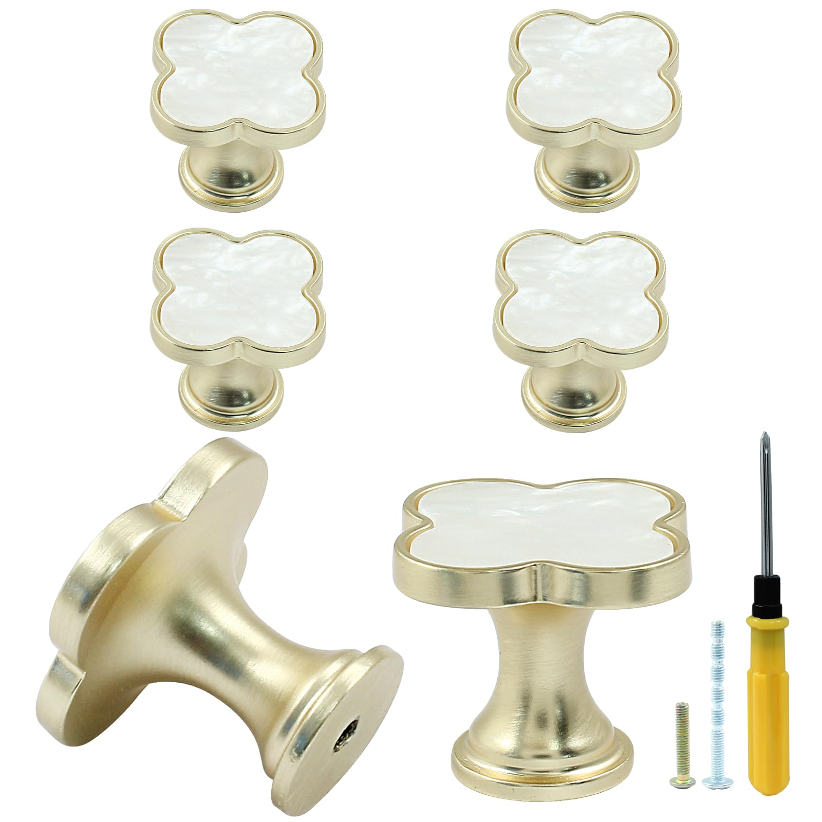 Bonsicoky 6 Pcs Four-Leaf Drawer Pulls Knobs, Gold Dresser Cabinet Knobs Pulls for Kitchen Cabinet Cupboard Door Furniture Decorative, White