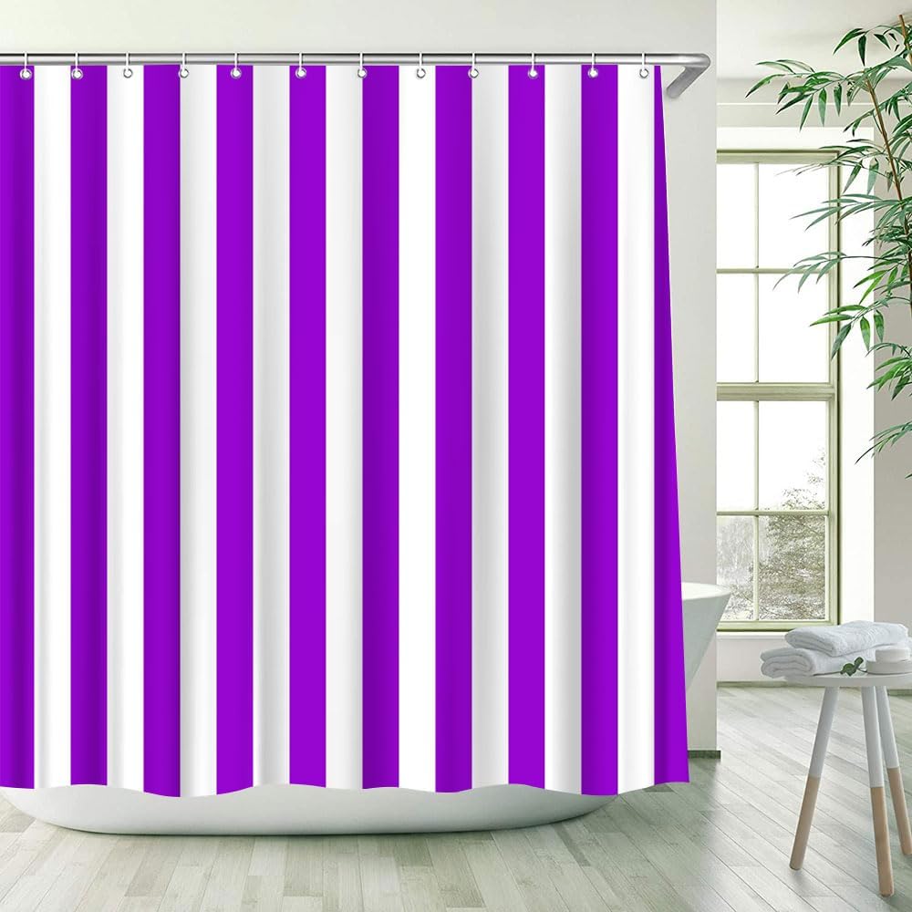 Striped Shower Curtain Purple White Vertical Stripe Geometric Modern Farmhouse Chic Style Bathroom Decor Fabric Curtains with Hook 80Wx70H Inches