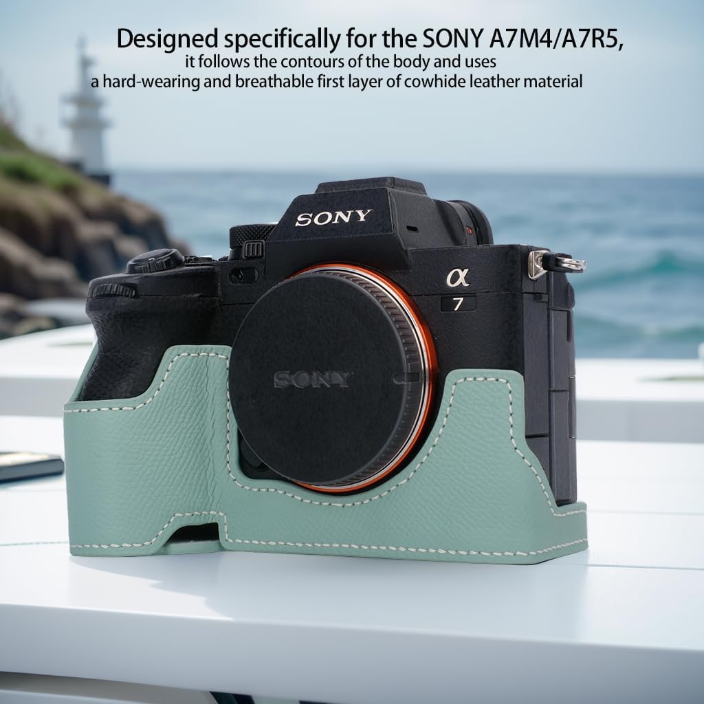 Bowan for Sony A7 Mark IV Camera Case,Handmade Genuine Real Leather Half Camera Case Bag Cover for A7IV A7M IV A7M4 A7 Mark IV A7RV A7R5 Camera Bottom Opening Version + Hand Strap (Mint Green)