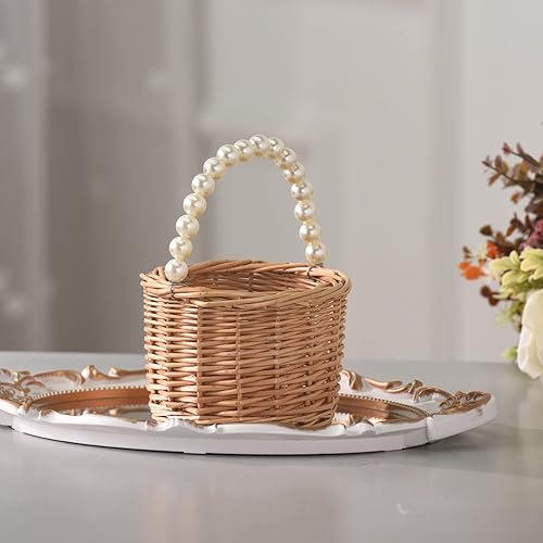 Miniatura 5 de Cesta de mimbre para niña de flores, cesta de niña de flores con mango de perlas, cesta de niña de flores de boda y decoraciones para el hogar.