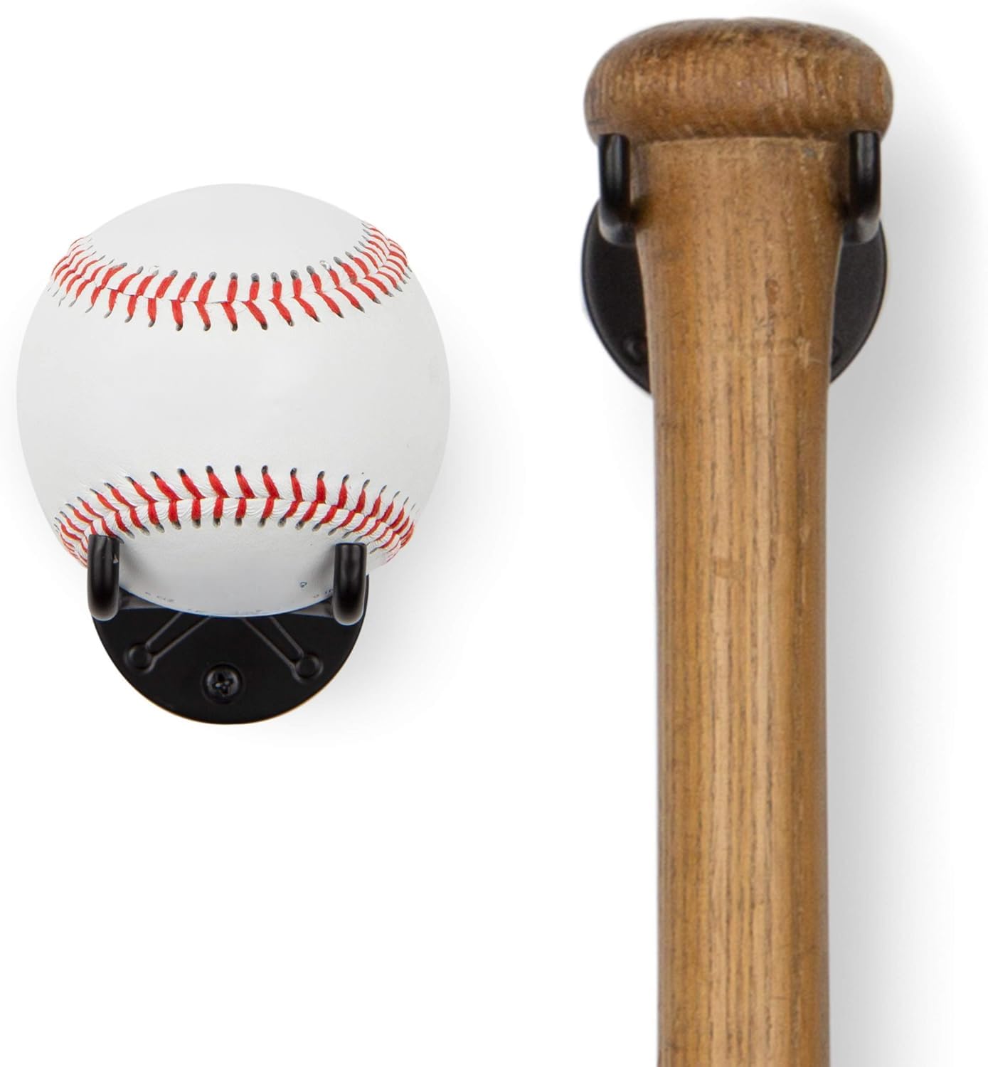 Wallniture Sporta Baseball Holder, Baseball Bat Wall Mount Display Stand for Man Cave Decor, Sports Memorabilia Ball Storage Rack Set of 2 Black