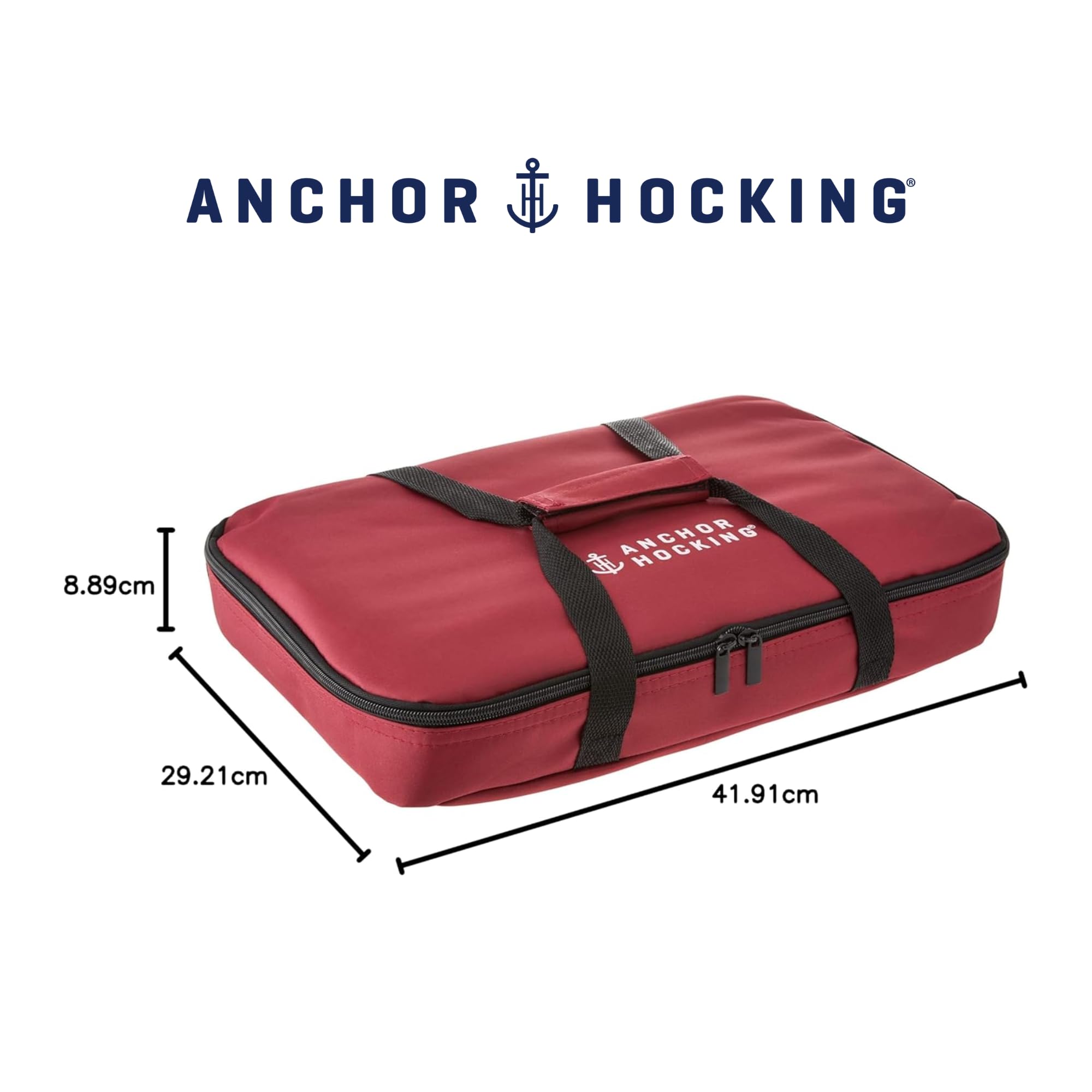 Anchor Hocking Bake'N Take Glasauflaufform 3 L, Kirschrot, Tragetasche | Backform, gehärtetes Kalk-Natron-Glas, mit Kühlpack, für Lasagne, Kuchen, Party, spülmaschinenfest, recycelbar