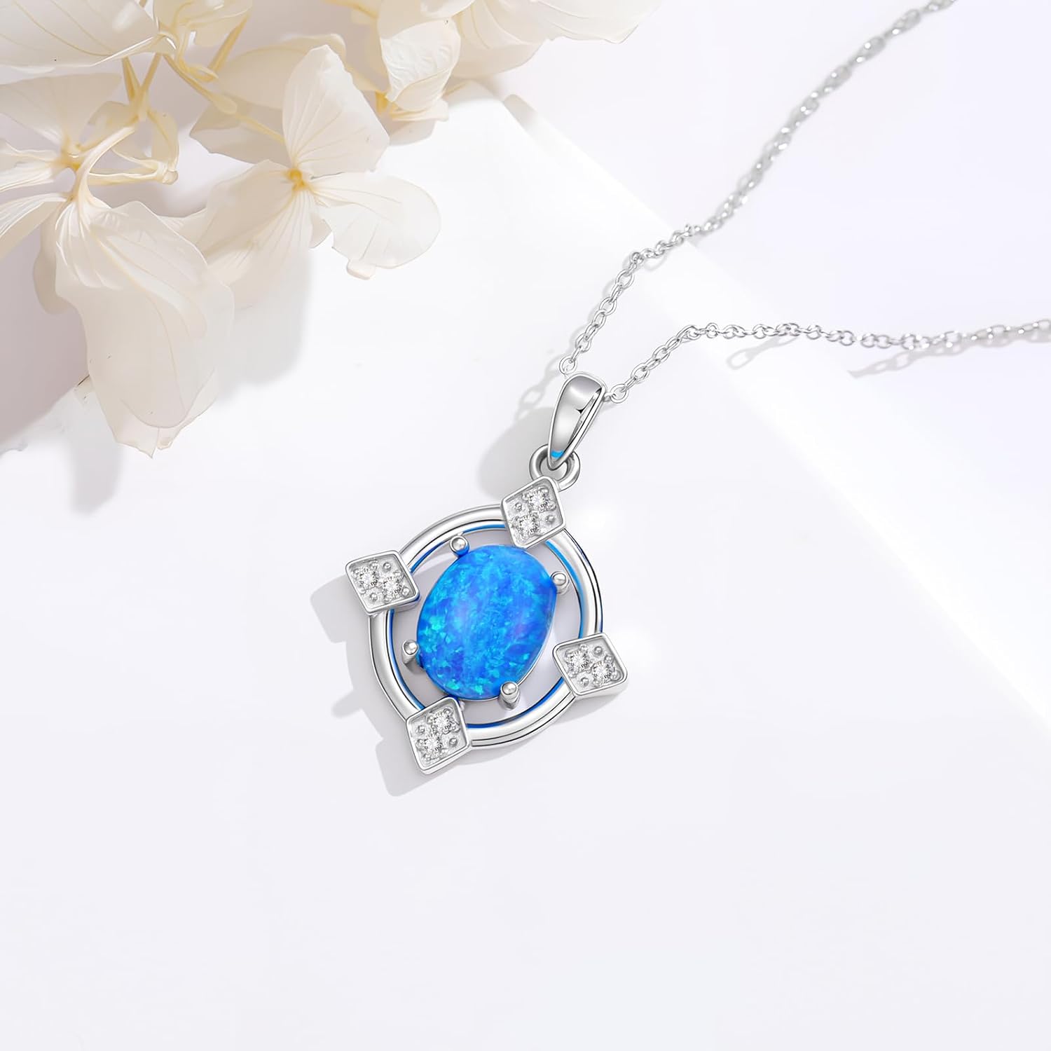 S925 Sterling Silver Oval Blue Opal with Genuine Diamond Pendant Necklace Dainty Opal Jewelry Gift Birthday Anniversary for Women - Image 2