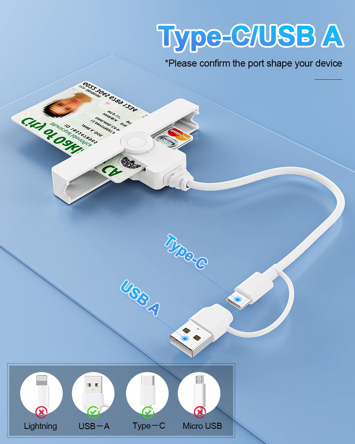 2en1 Lecteur de Carte identité USB-C&USB-A,Mini Smart Card Reader Lecteur de Carte à Puce SIM Militaire Compatible avec ISO 7816 Classe A,B,C,CAC/Carte D'identité à Puce pour Windows, Mac OS et Linux