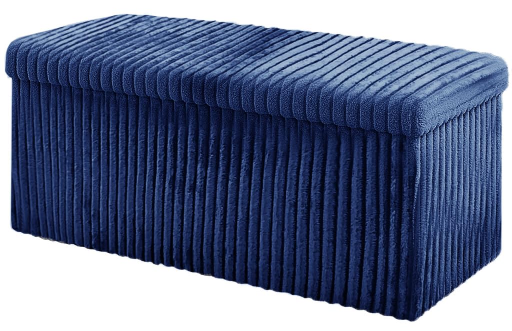 Home Republic Corduroy Ottoman Storage Box – Foldable Footstool with Lid – Soft Toy Chest Bench for Kids Room, Nursery, Bedroom or Living Room (Navy Blue, 76 x 38cms)