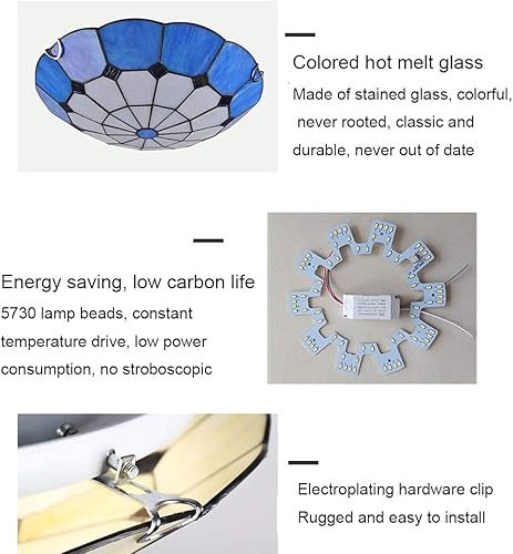 Miniatura 4 de Lámpara de techo LED estilo Tiffany hecha a mano en color azul, de cristal inoxidable, con montaje empotrado, para iluminación de dormitorio, chip