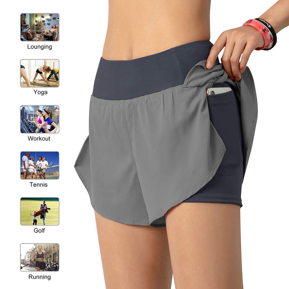 LIXADA Femmes 2-en-1 Short de Course avec Poche Large Ceinture Double Couche Doublure Couche de Couverture Sportswear pour Se prélasser Sport Yoga Athlétique d'entraînement