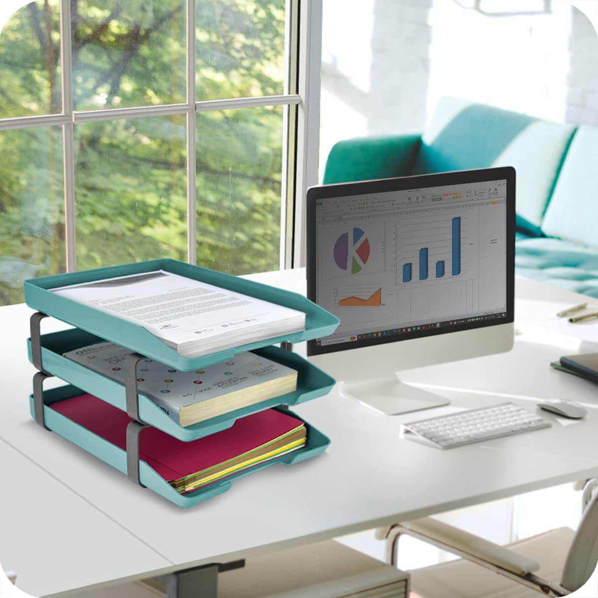 Acrimet Traditional 3 Tier Letter Tray, Front Load Design, A4 Letter Size, Desktop Organizer (Plastic) (Solid Green Color)