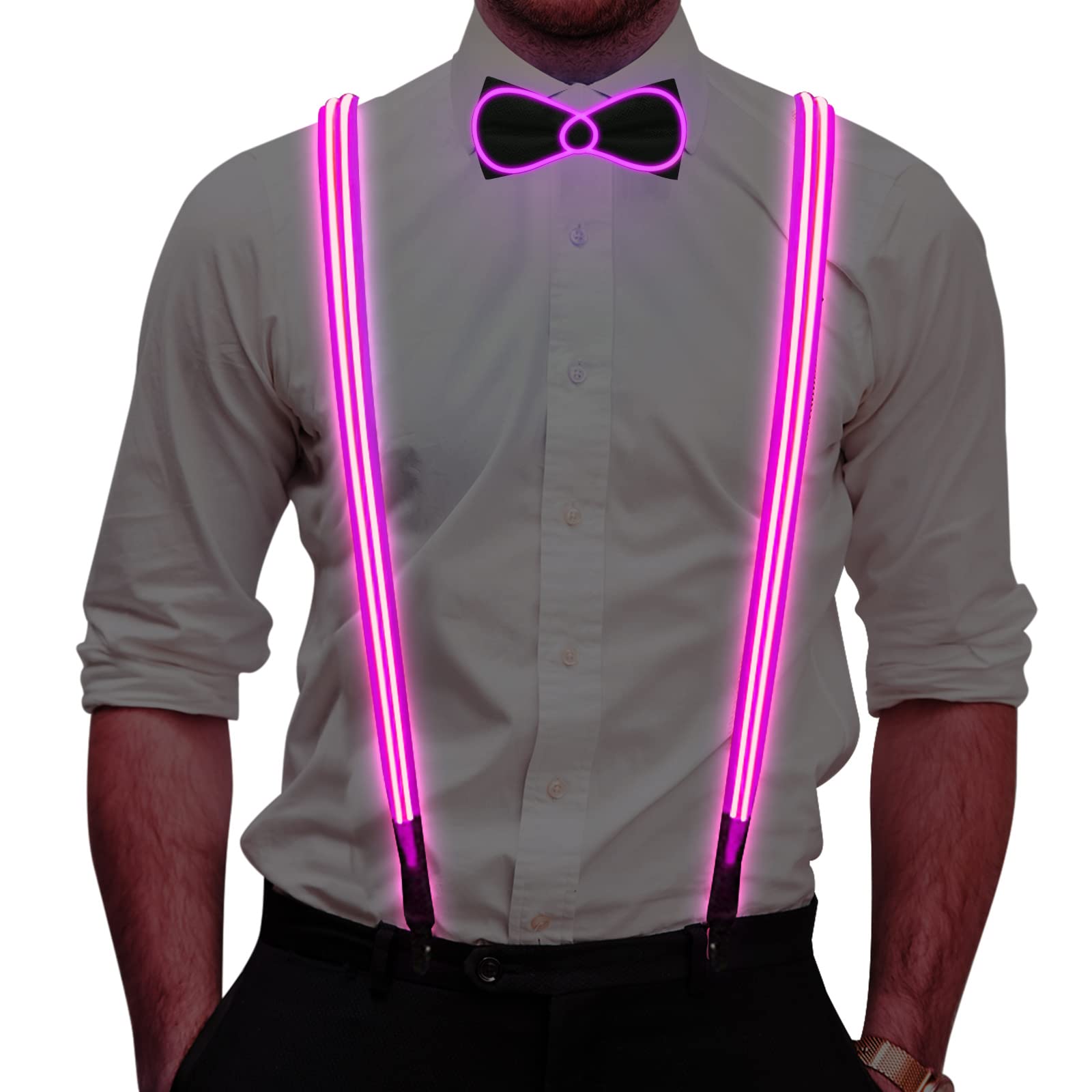 Light Up Suspenders LED Tirantes, Pajarita y Tirantes Set para Hombres Disfraz de Fiesta de Navidad (Rosa)