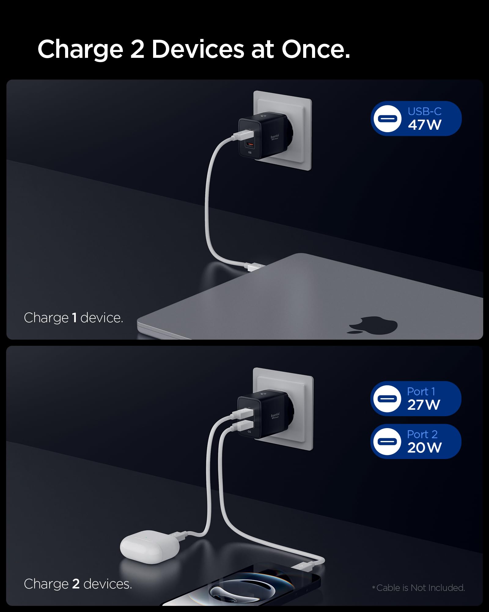 Spigen Qi2.2 25W 3-in-1 MagSafe kabellose Ladestation [inkl. 2 m USB-C Kabel] Bundle + 47W GaN 2-Port Ladegerät – Schnelles Laden für iPhone, AirPods, Apple Watch