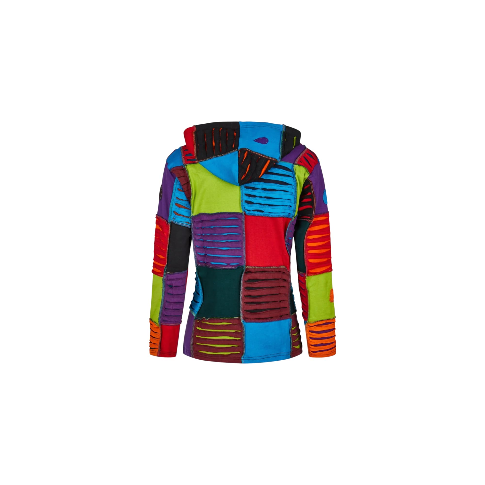 Damen Baumwoll Patch Jacke Bunt – Handgefertigte Boho Kapuzenjacke mit Rillenmuster & Stickerei – Fair Trade Hippie Jäckchen Nepal – Bunt Mix