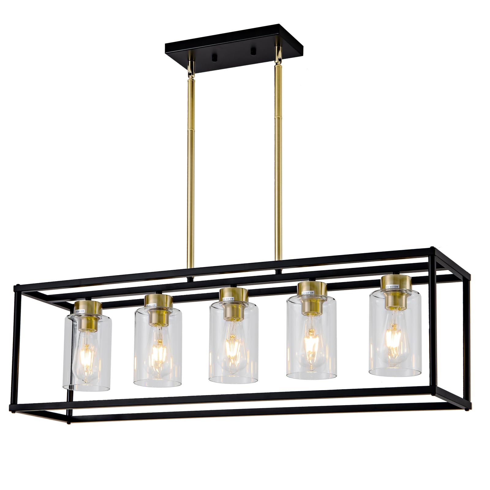 5 Light Dining Room Light Fixture Modern Farmhouse Chandeliers Over Table Black & Brushed Brass Gold Rectangular Pendent Lighting for Kitchen with Glass Shade Hanging Industrial Ceiling Light