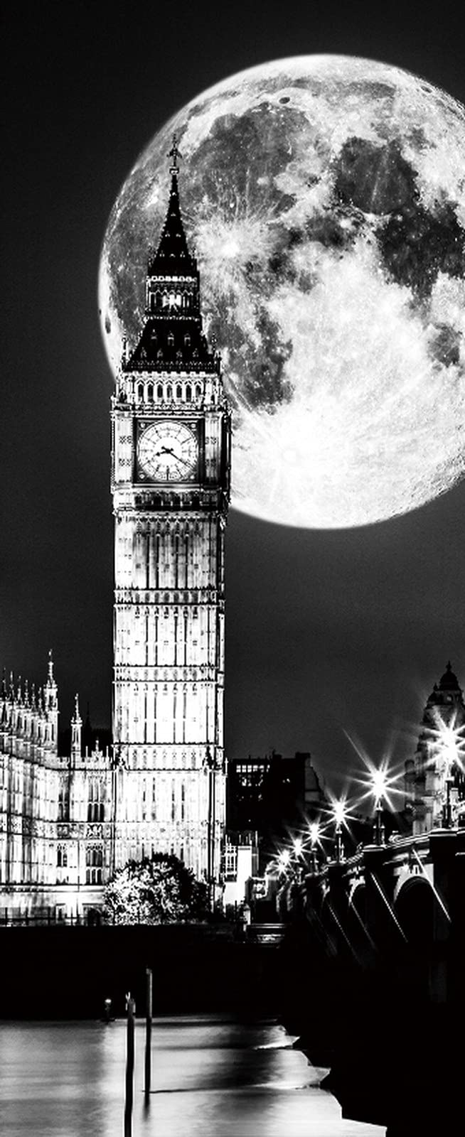 A.Monamour 3D Door Stickers for Interior Doors Bright Full Moon Over Westminster Bridge The Big Ben at Night Monochrome Vinyl Waterproof Self Adhesive Door Mural Decals for Bedroom Office 90 x 200 cm