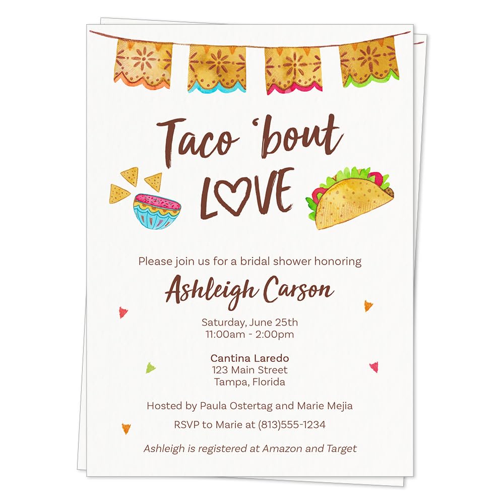 Taco Bridal Shower Invitations Fiesta Wedding Invite Taco Bout 'Bout Love Customizable Printed Personalized Cards (12 Count)
