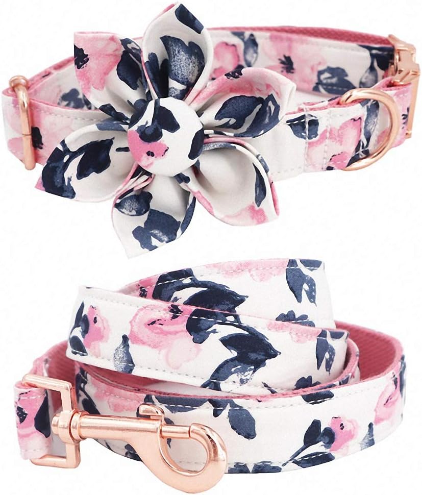Girl Dog Collar Dog Flower and Leash Set for pet Dog cat with Rose Gold Metal Buckle Collar Flower Leash L (35.5-58cm Length)