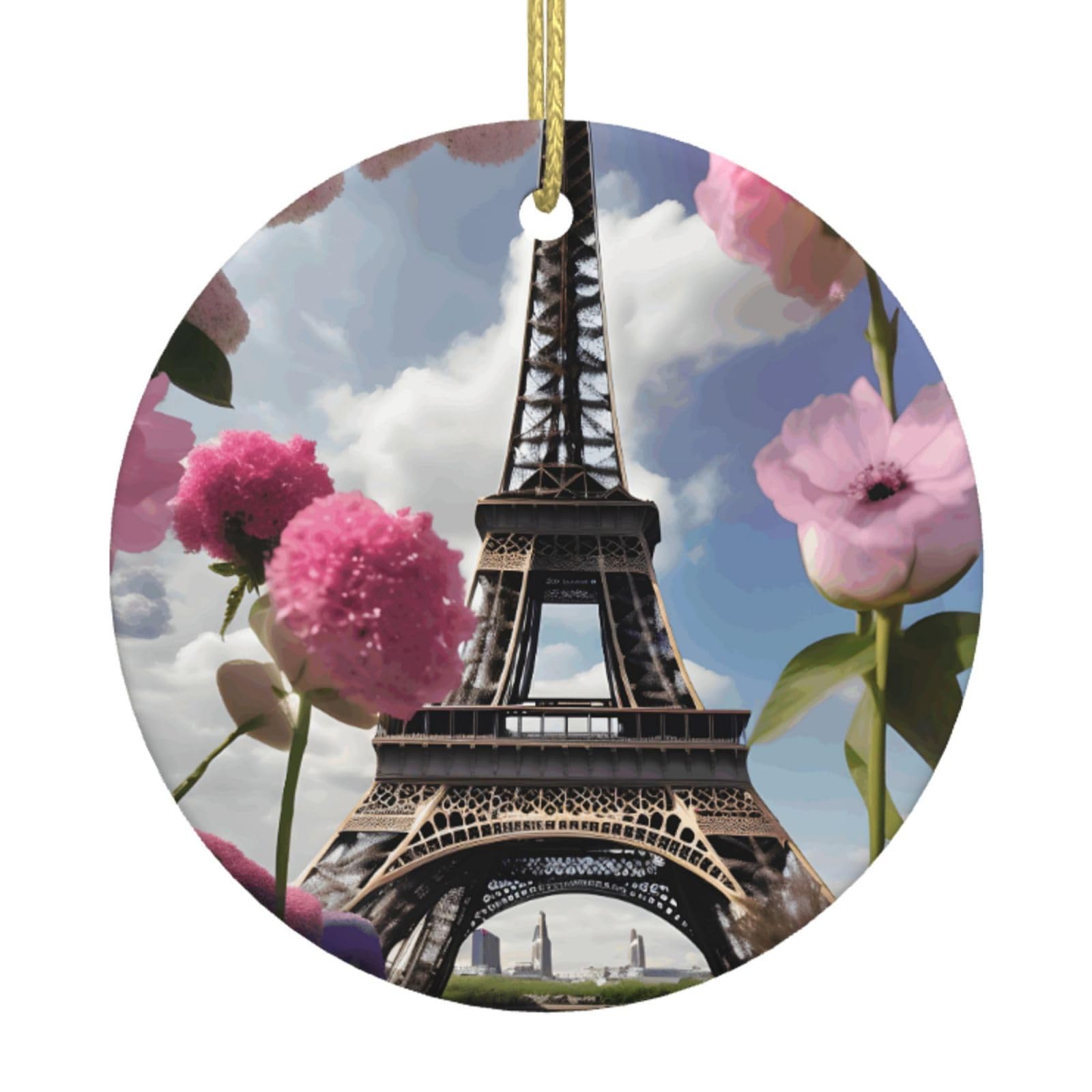 Flower Paris Eiffel Towers Print Christmas Ornaments, Ceramic Hanging Ornament, Round Shape Decorations