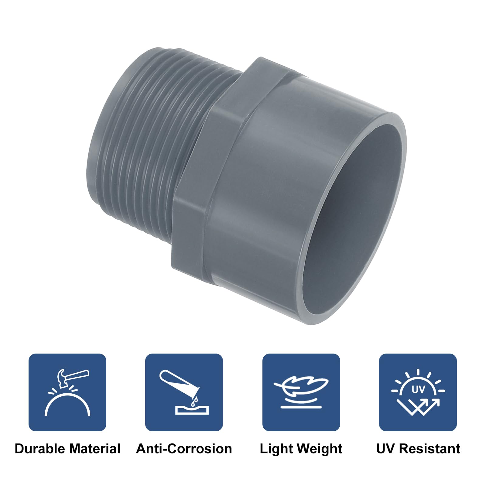 QUARKZMAN Adattatore Maschio in PVC per Tubi, 5Pz Connettori a 2 Vie per Tubi in PVC da 1-1/2" con Nastro Sigillante (Presa x Filettatura Maschio), Accoppiatore Adattatore (Grigio)