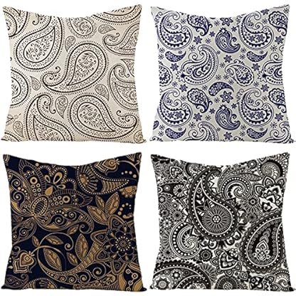 Whoiy Kissenbezug 50X50 Blau, Kissenbezüge Dekokissen Leinen Kissenbezug 4Er Set Paisley-Muster Grau Schwarz für Stuhl Sofa Wohnzimmer Schlafzimmer