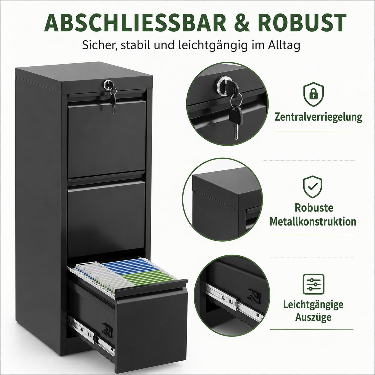 Metall-Hängeregisterschrank mit 3 Schubladen, abschließbar, Anti-Kipp-Interlock, für Letter Legal A4 F4 Dokumente, 103 cm hoch, für Homeoffice Büro Wohnheim, Schwarz