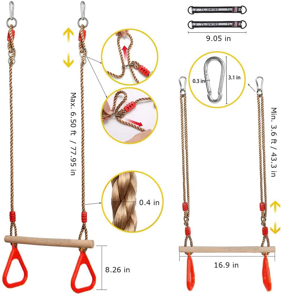Trapeze bar,Morwealth Multifunctional Children's Wooden Trapeze Swing with Plastic Rings Gymnastics Rings for Hanging Up to 120 kg for Indoor and Outdoor Use (Red) - Image 3